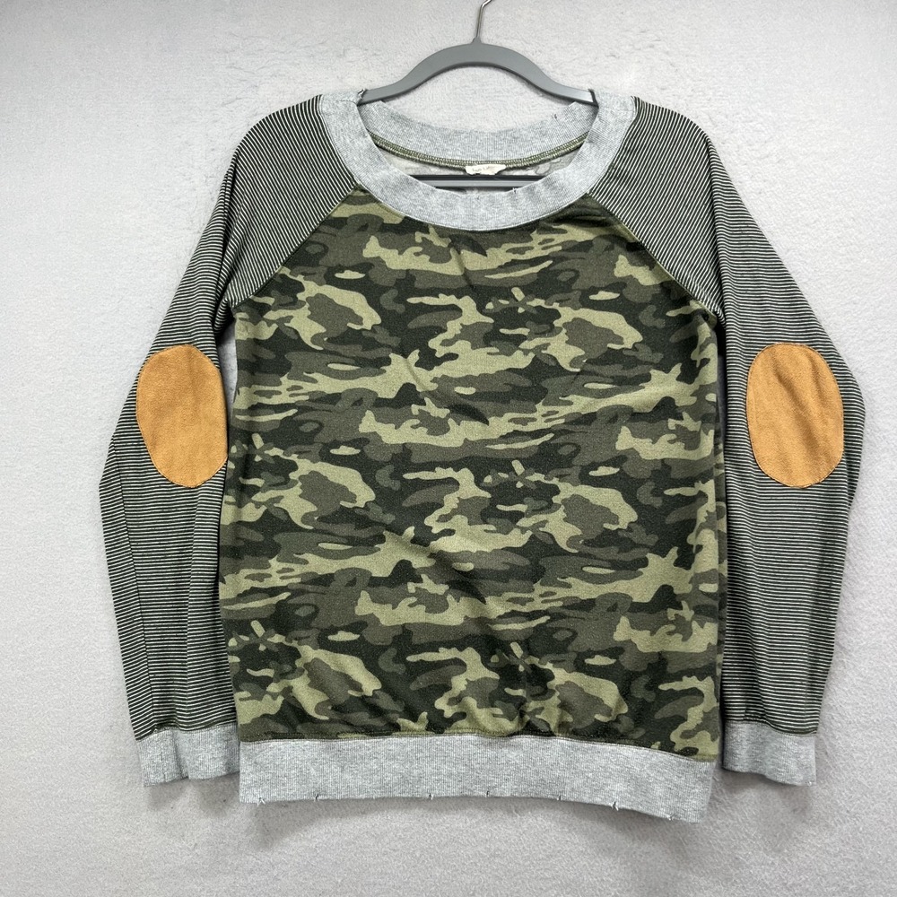Hem & Thread Sweatshirt Womens Small Camo Striped Elbow Patches Grunge Military
